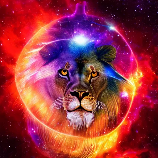 Prompt: geometric lion with galaxy eyes in space, nebula in the background, intricate, elegant, highly detailed, digital painting, artstation, concept art, smooth, sharp focus, illustration, art by artgerm