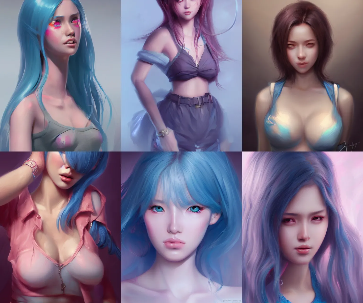 Prompt: Bella ragazza, bubblegum, visualartzi, korean, and blue image, concept art by Karla Ortiz, James Paick, Charlie Bowater, highly detailed, ultra detailed, ultra realistic, trending on artstation, cgstudio