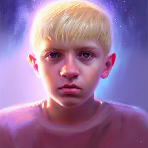 Image similar to visionary art by mandy jurgens, powerful eyes glowing highly detailed painting of deep sadness alone, young blonde boy spiritual portrait, fractal electricity surrounding him, expressive emotional sadness piece, trending on art station, abstract emotional sadness expression, very very very beautiful, fantasy digital art, visionary art, magical fantasy 2 d concept art