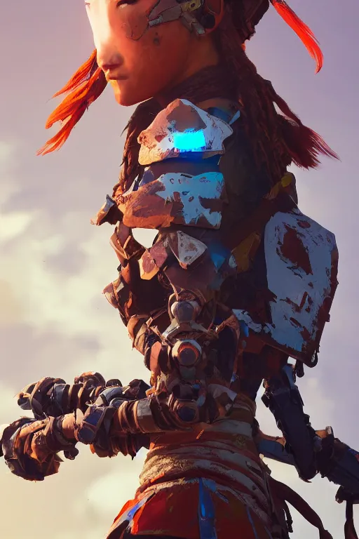 Image similar to combination suit armor aloy horizon forbidden west horizon zero dawn robot ninja mask helmet backpack tribal, aesthetic octane render, 8 k hd resolution, by ilya kuvshinov and cushart krentz and gilleard james radiating a glowing aura cgi rtx 2 0 2 2