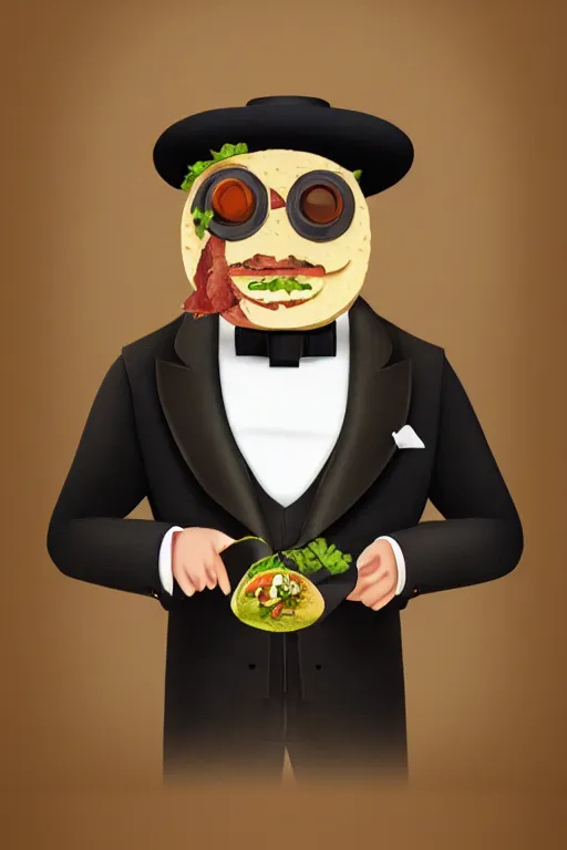 Image similar to a portrait of a handsome taco!!!! wearing a monocle and a victorian suit, ( ( character concept art ) ), headshot, trending on artstation, culinary photography of a delicious taco in a tuxedo