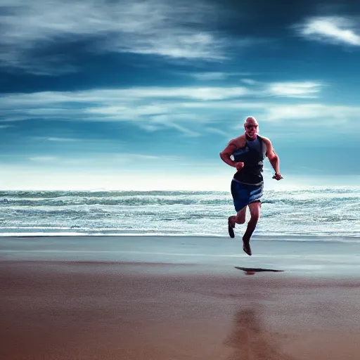 Prompt: Walter White running on the beach, artistic, 8k, cinematic