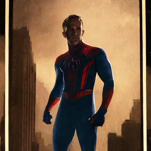 Image similar to ryan reynolds as spider - man, wearing a black and blue suit, cinematic, volumetric lighting, f 8 aperture, cinematic eastman 5 3 8 4 film, photorealistic by greg rutkowski, by stanley artgerm, by alphonse mucha