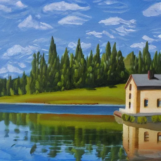 Prompt: painting of a house by a lake