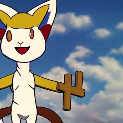 Image similar to meowth from pokemon crucifixion