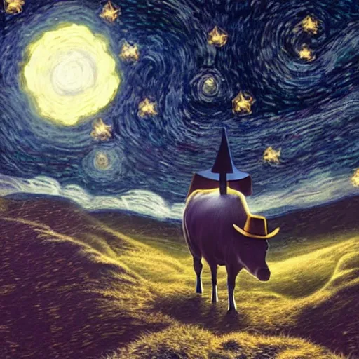 Image similar to a detailed matte painting of a cow wearing a witch hat, viewed in profile, glowing moths and fog in the background, starry night, black and blue color scheme with gold highlights, in the style of discworld and harry potter, 8 k, octane render