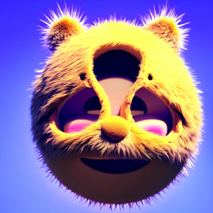 Image similar to high quality 3 d render hyperrealistic very cute big spherical creature smile emoji, whiskers, plush mascot, short spiky colorful dense fluffy smooth fur 1 cm long, psychedelic lighting, 1 5 0 mm, smooth background, artstation, elegant, ultra detailed, octane render