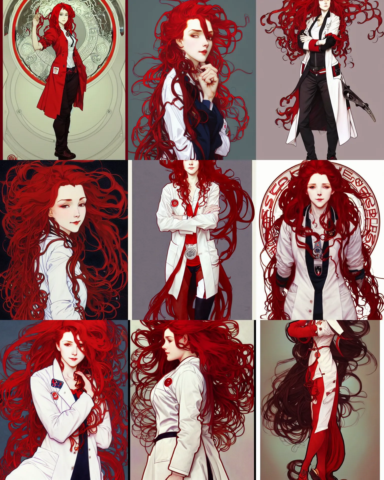 Prompt: confident female scientist with long wavy red hair, wearing a labcoat, intricate, red white and black color scheme, illustration by krenz cushart, alphonse mucha, artgerm, trending on artstation