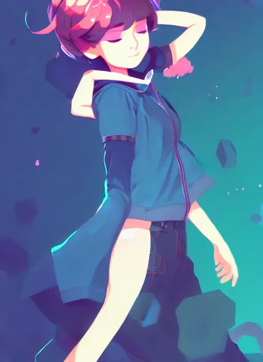 Image similar to female character inspired by 9 0's fashion and by madeline from celeste, art by rossdraws, wlop, ilya kuvshinov and makoto shinkai