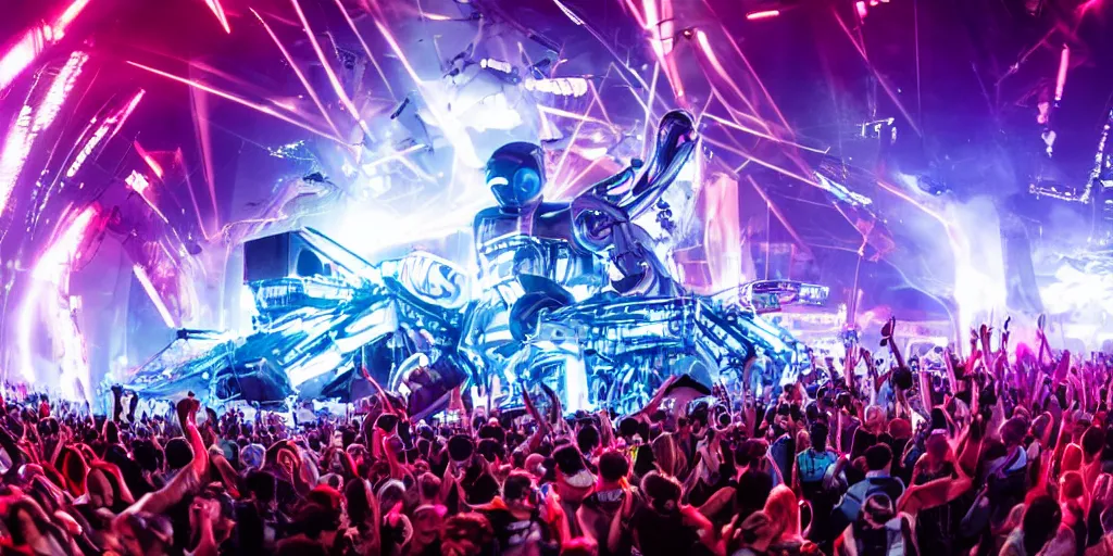 Image similar to the year of 2 0 4 9, the coolest + future + end of the world + edm show, 1 0 0 0 0 peoples watch the dj lives, huge digital robot on the middle of the stage, dance music show, maximum detailed, 2 4 mm fob lens, wide angle,