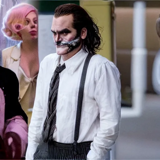 Image similar to ultra realistic candid photograph from joaquin phoenix with lady gaga in new joker movie footage's, intricate details, face details, proportional body details, full medium shot, paparazi shot