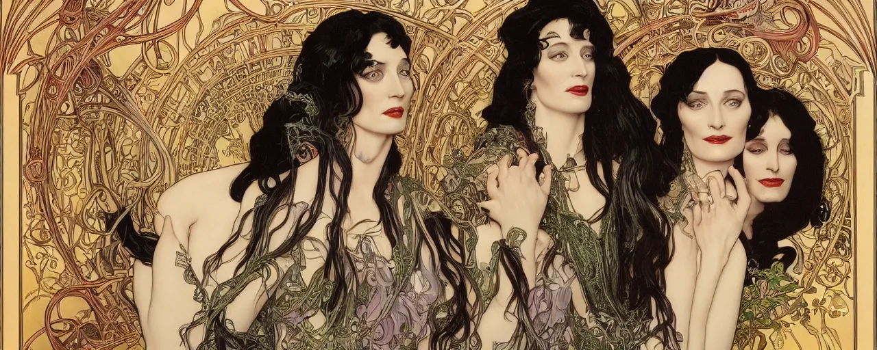 Image similar to stunning hyperdetailed art nouveau portrait of the eva green anjelica huston and morticia addams as the mythological 3 witches, by chris achilleos, michael kaluta and alphonse mucha, photorealism, extremely beautiful, perfect symmetrical facial features, perfect anatomy, strong confident eyes, eldritch powers, witchcraft, magic energy