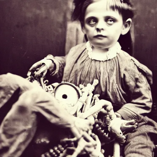 Image similar to a photo of young sad victorian gothic child with big eyes and wide grin sitting on a sofa of bones surrounded by a cyber futuristic cityscape made of human body parts, color, 5 0 mm, award winning photography