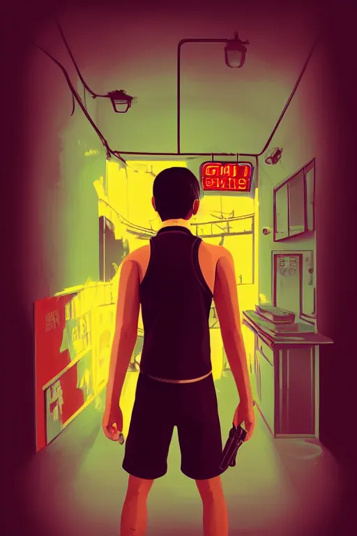 Image similar to boy with singlet and towel on shoulder. grand theft auto chinatown art style, bioshock art style pop art, no duplicate image, glowing lights, ultra details, digital painting, artstation, concept art, smooth, sharp focus, illustration, intecrate details, art by richard hamilton and mimmo rottela, pixels art by paul robertson