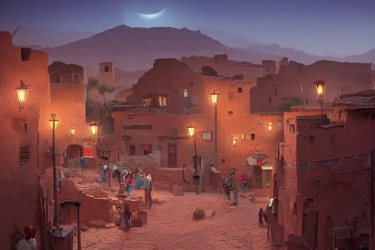 Image similar to in the middle of a adobe house kasbah town, mud and brick houses, merchant street, pueblo architecture, colorful crowd. Scenic view at night, underexposed, clean horizon, matte painting by raphael lacoste and marc simonetti and ruan jia, trending on artstation