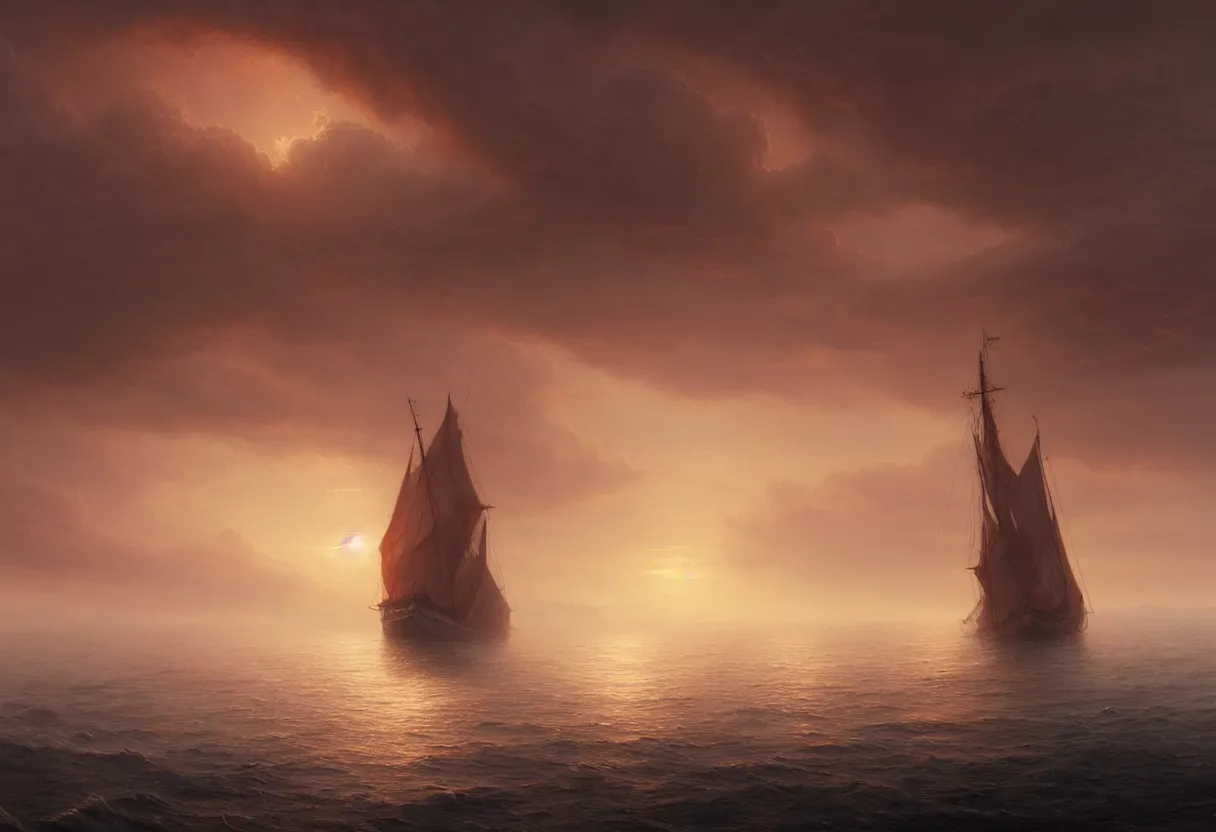 Prompt: strange sea surface of autumn planet at sunset, sailing ship on horizon, ultra high definition, ultra detailed, symmetry, fog, matte painting, by greg rutkowski and ross tran and wlop