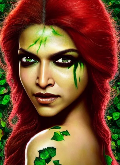 Prompt: A beautiful portrait of a Deepika Padukone as Poison Ivy from Batman movie, digital art by Eugene de Blaas and Ross Tran, vibrant color scheme, highly detailed, in the style of romanticism, cinematic, artstation, Greg rutkowski
