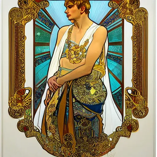 Image similar to an ornate white and gold acrylic painting of a roman emperor, in the style of alphonse mucha