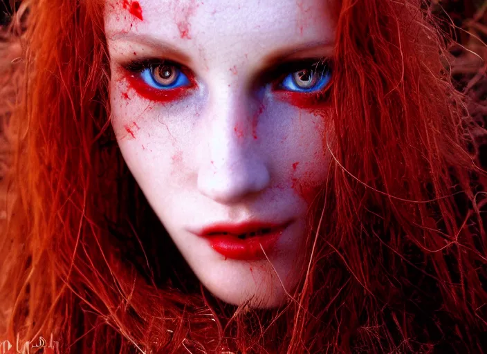 Prompt: award winning 5 5 mm close up face portrait photo of an anesthetic and beautiful redhead woman who looks directly at the camera with blood - red wavy hair, intricate eyes that look like stars, and fangs, in a park by luis royo. rule of thirds.