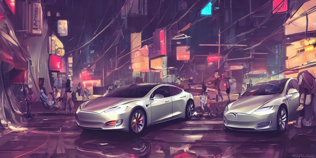 Image similar to tesla car in a city street, cyberpunk, anime, highly detailed