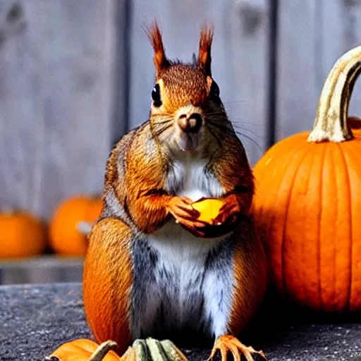 Image similar to squirrel with pumpkin on head