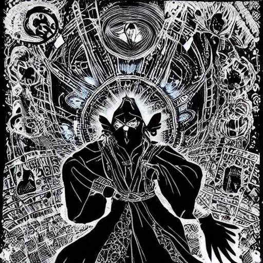 Image similar to black and white pen and ink!!!!!!! Suprani!!!!! wizard Silent Bob wearing High Cosmic print robes made of stars flaming!!!! final form flowing ritual royal!!! Vagabond!!!!!!!! floating magic swordsman!!!! glides dancing through a beautiful!!!!!!! Camellia!!!! Tsubaki!!! death-flower!!!! battlefield behind!!!! dramatic esoteric!!!!!! Long hair flowing dancing illustrated in high detail!!!!!!!! by Hiroya Oku!!!!!!!!! graphic novel published on 2049 award winning!!!! full body portrait!!!!! action exposition manga panel black and white Shonen Jump issue by David Lynch eraserhead and beautiful line art Hirohiko Araki!! Frank Miller, Kentaro Miura!, Jojo's Bizzare Adventure!!!! 3 sequential art golden ratio technical perspective panels horizontal per page