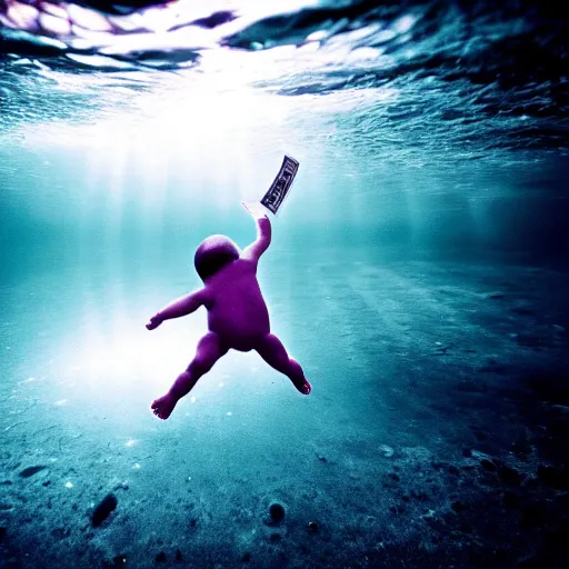 Image similar to a baby chasing a dollar bill under the surface of the water in the style of the nirvana album cover, underwater photography with light scattering and water refractions, smooth