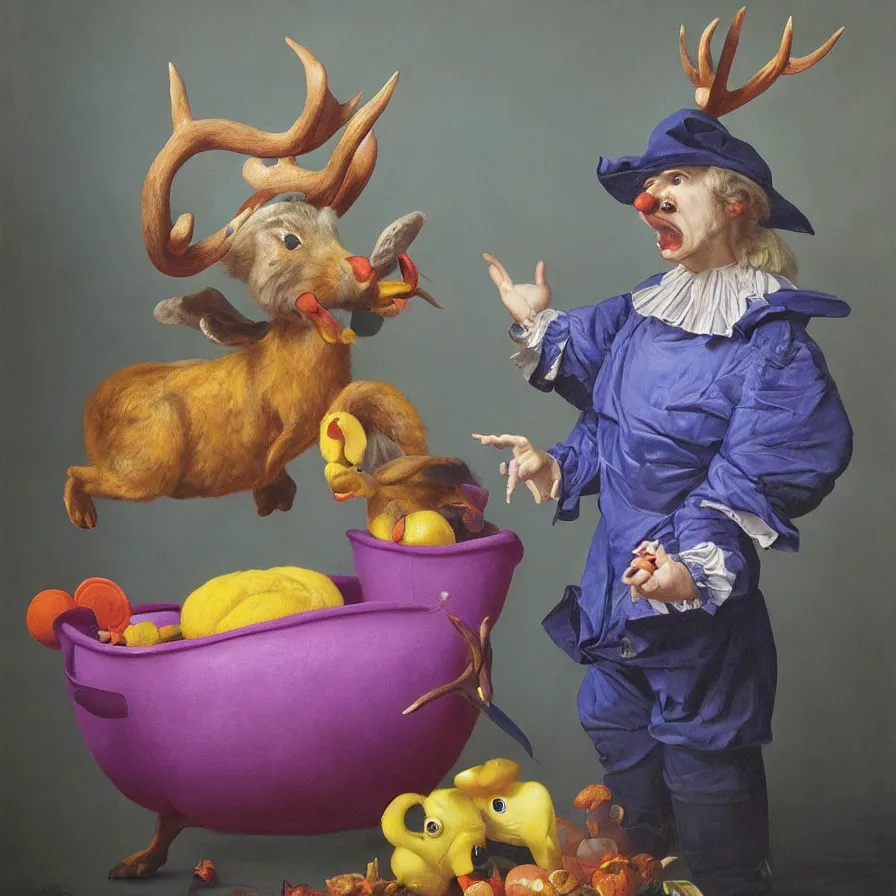 Image similar to rare hyper realistic portrait painting by dutch masters, studio lighting, brightly lit purple room, a blue rubber ducky with antlers laughing at a giant crying rabbit with a clown mask