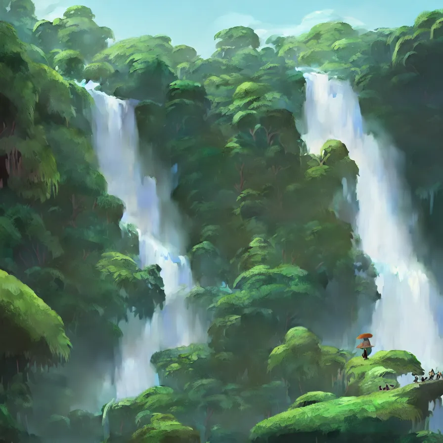 Prompt: Goro Fujita illustrating Front view of a gigantic waterfall surrounded by the Amazon, concept art, sharp focus, ArtStation