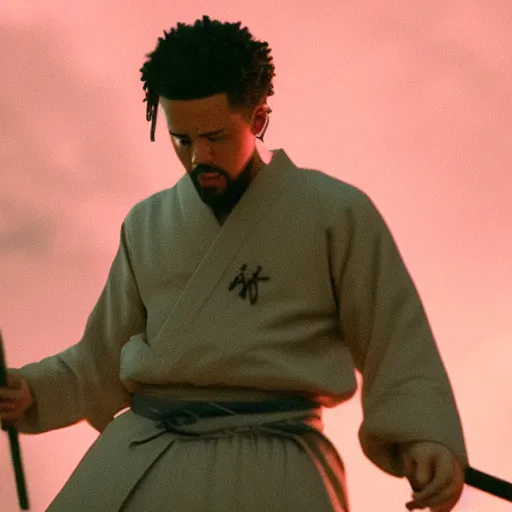 Image similar to cinematic film still of J Cole starring as a Samurai holding fire, Japanese CGI, VFX, 2022, 40mm lens, shallow depth of field,film photography