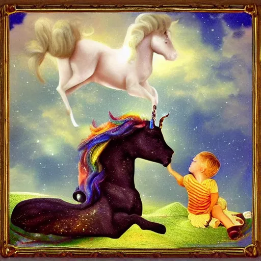 Image similar to dream : a fabulous landscape, a magical unicorn. a boy is sitting astride him. a cat is lying