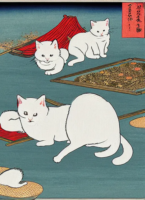 Image similar to whitecat with 2 baby white cats of utagawa hiroshige, digital painting 4 k uhd image, highly detailed