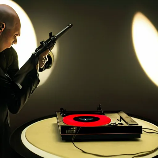 Prompt: a portrait of agent 4 7 placing a record in a record player, black background, red rim light, highly detailed, smooth, sharp focus, art by maciej kuciara