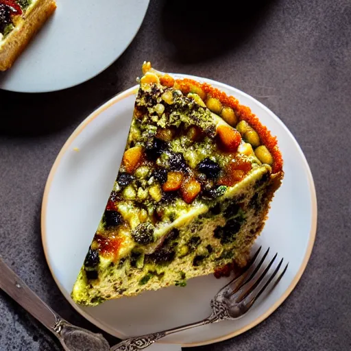 Image similar to A broccoli and raisin cheese cake, seasoned with red chilli pepper and apricot jam, high definition photography, 8k, food photography