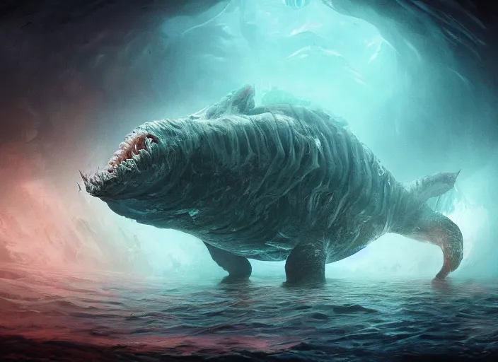 Image similar to a deep sea monstrosity with a disturbing anatomical horror human face, a colossal gigantic deep sea creature, concept art, behance hd, trending on artstation, deviantart, global illumination, radiating, a glowing aura, ray tracing, hdr, matte painting