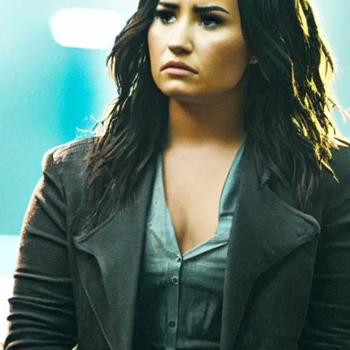 Image similar to close-up of Demi Lovato as a detective in a movie directed by Christopher Nolan, movie still frame, promotional image, imax 70 mm footage