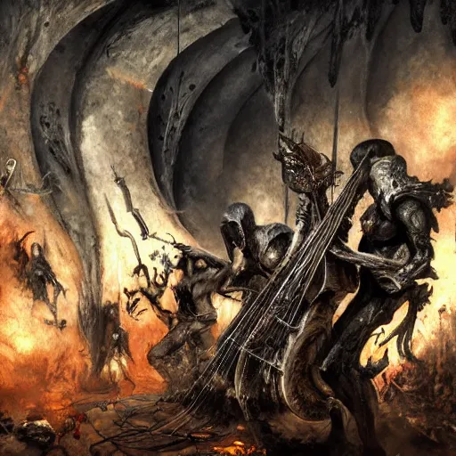 Image similar to jazz quartet in hell, intricate detail, royo, vallejo, frazetta, giger, whealan, hd, unreal engine,