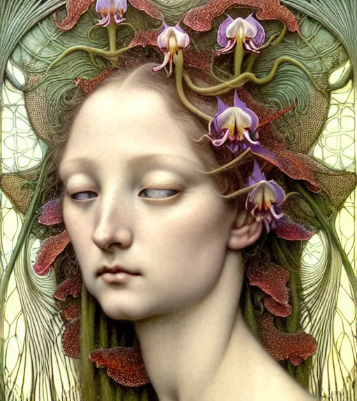 Prompt: beautiful young orchid fairy detailed realistic porcelain face portrait by jean delville, charlie bowater, iris van herpen and marco mazzoni, art forms of nature by ernst haeckel, art nouveau, symbolist, visionary, gothic, neo - gothic, pre - raphaelite, fractal lace, intricate alien botanical biodiversity, surreality, hyperdetailed ultrasharp octane render