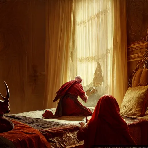 Image similar to the pope is in his bedroom, scared because a horned demon is attacking him. highly detailed painting by gaston bussiere, greg rutkowski, craig mullins 8 k