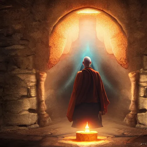 Prompt: concept art a monk discovering a portal to enlightenment, 8 k, 3 d render, ultra high quality, cinematic