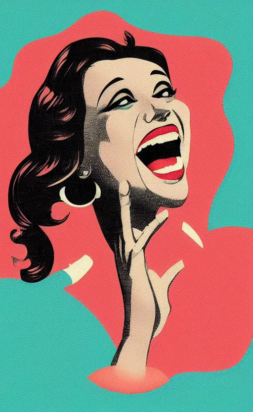 Image similar to illustration portrait of a woman laughing out loud, art deco painting by tom whalen, funny meme photo, trending on behance, digital illustration, storybook illustration, grainy texture, flat shading, vector art, airbrush, pastel, watercolor, poster