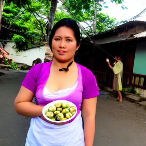 Prompt: Murasaki Shikibu standing on a Filipino sidewalk eating fishballs