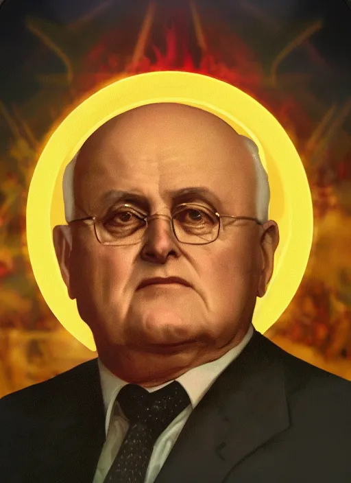 Prompt: comrade gorbachev in hell, infernal icon with halo, color art in church style 4 k