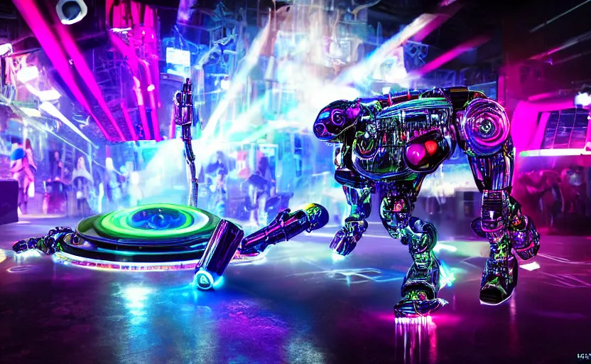 Image similar to robodog cybercore disco rave, highly detailed, extremely high quality, hd, 4 k, 8 k, professional photographer, 4 0 mp, lifelike, top - rated, award winning, cinematic, realistic, detailed lighting, detailed shadows, sharp, no blur, edited, corrected, trending