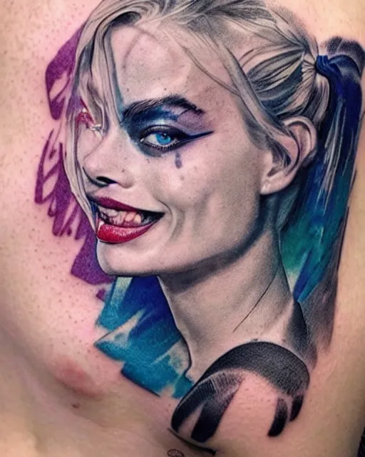 Prompt: creative double exposure effect tattoo design sketch of margot robbie as harley quinn faded with beautiful mountain scenery, realism tattoo, in the style of matteo pasqualin, amazing detail, sharp