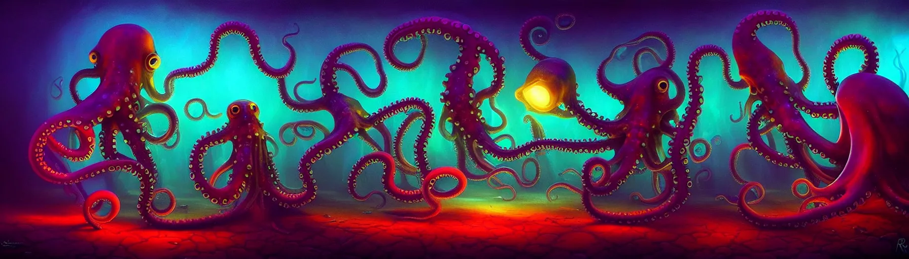 Prompt: strange cephalopod creatures from the depths of the imaginal realm, dramatic lighting, surreal darkly colorful painting by ronny khalil