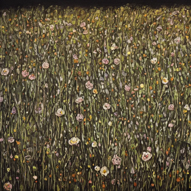 Prompt: dark painting of decaying bones!! in a meadow of flowers