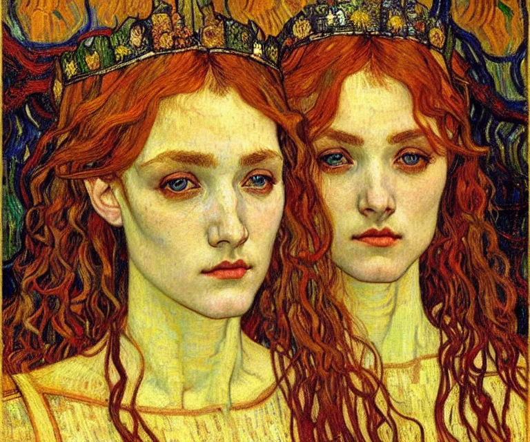 Image similar to detailed realistic beautiful young medieval queen face portrait by jean delville, gustav klimt and vincent van gogh, art nouveau, symbolist, visionary, gothic, pre - raphaelite, muted earthy colors, desaturated