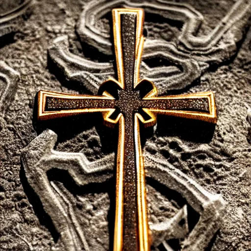 Prompt: intricate detail of a cross embeded in a stone with fire sparkles around, concept art, highly detailed, artstation, cinematic,