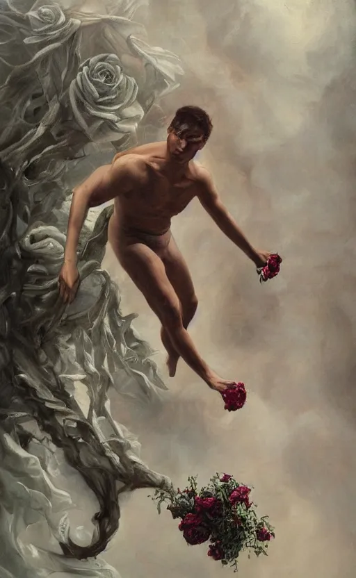 Image similar to a painting of a young man, walking unknowingly toward the brink of a precipice, holding a white rose in one hand, and in the other a small bundle of possessions, a surrealist painting by marco mazzoni, cgsociety, neo - figurative, detailed painting, rococo, oil on canvas, seapunk, lovecraftian